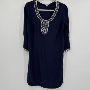 Lilly Pulitzer Dress Womens Small Navy Beaded Embellished Tunic Shift 3/4 Sleeve